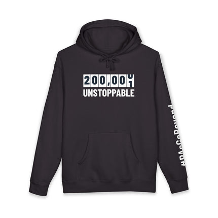 Black hoodie printed with a white odometer-style graphic reading "200,000" and "Unstoppable" below it, with "#PAsGoBeyond" printed vertically down the sleeve.