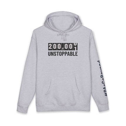 Grey hoodie printed with a black odometer-style graphic reading "200,000" and "Unstoppable" below it, with "#PAsGoBeyond" printed vertically down the sleeve.