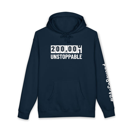 Navy hoodie printed with a white odometer-style graphic reading "200,000" and "Unstoppable" below it, with "#PAsGoBeyond" printed vertically down the sleeve.
