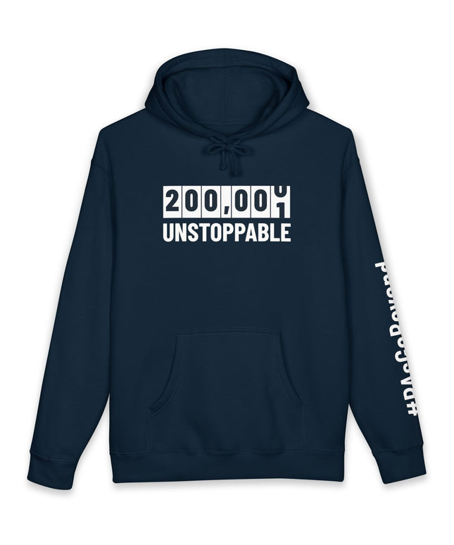 Navy hoodie printed with a white odometer-style graphic reading "200,000" and "Unstoppable" below it, with "#PAsGoBeyond" printed vertically down the sleeve.
