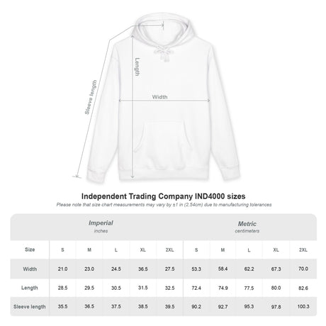 Size chart for the Independent Trading Company IND4000 hoodie showing width, length, and sleeve length measurements in inches and centimeters for sizes S, M, L, XL, and 2XL.
