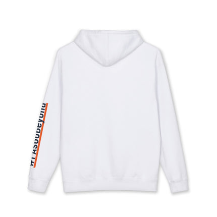 Back view of a white hoodie with a plain back and "#PAsGoBeyond" printed vertically down the left sleeve, underlined with orange stripe.