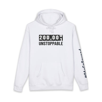 White hoodie printed with a black odometer-style graphic reading "200,000" and "Unstoppable" below it, with "#PAsGoBeyond" printed vertically down the sleeve.