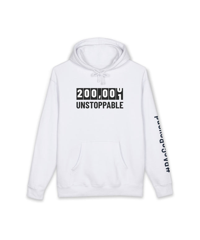 White hoodie printed with a black odometer-style graphic reading "200,000" and "Unstoppable" below it, with "#PAsGoBeyond" printed vertically down the sleeve.