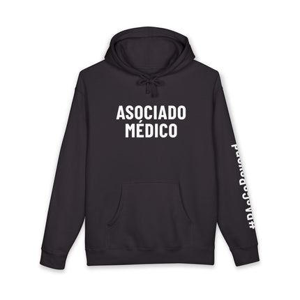 Black hoodie printed with "Asociado Médico" in white text on the front and "#PAsGoBeyond" printed vertically down the sleeve.