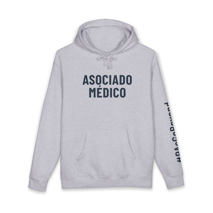 Grey hoodie printed with "Asociado Médico" in navy text on the front and "#PAsGoBeyond" printed vertically down the sleeve.