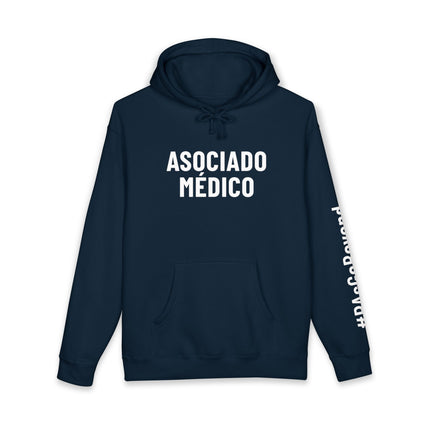 Navy hoodie printed with "Asociado Médico" in white text on the front and "#PAsGoBeyond" printed vertically down the sleeve.
