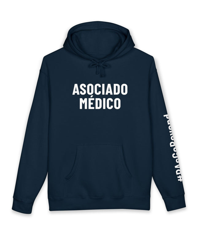 Navy hoodie printed with "Asociado Médico" in white text on the front and "#PAsGoBeyond" printed vertically down the sleeve.