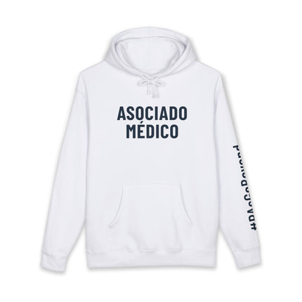 White hoodie printed with "Asociado Médico" in navy text on the front and "#PAsGoBeyond" printed vertically down the sleeve.