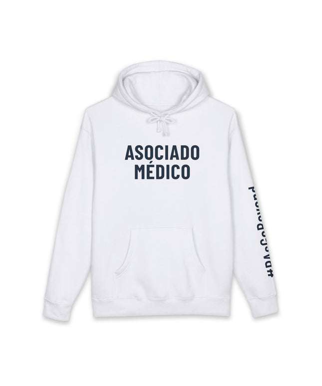White hoodie printed with "Asociado Médico" in navy text on the front and "#PAsGoBeyond" printed vertically down the sleeve.