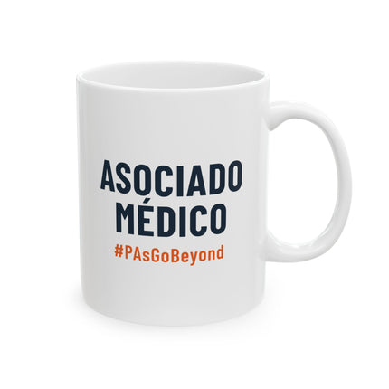 White ceramic mug printed with "Asociado Médico" in navy text and "#PAsGoBeyond" in orange.