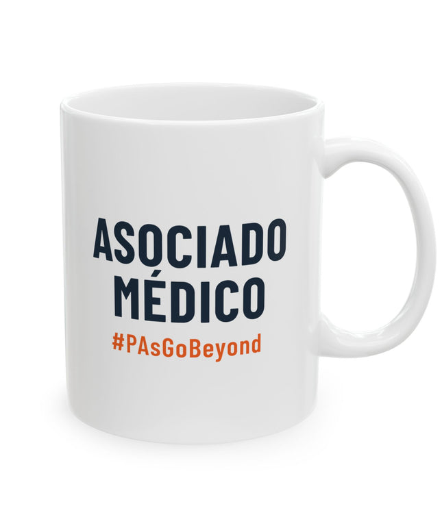 White ceramic mug printed with "Asociado Médico" in navy text and "#PAsGoBeyond" in orange.