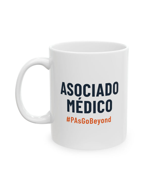 White ceramic mug printed with "Asociado Médico" in navy text and "#PAsGoBeyond" in orange.