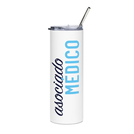 White stainless steel tumbler with a straw and lid, printed with "asociado" in navy script and "MEDICO" in light blue block letters running vertically.