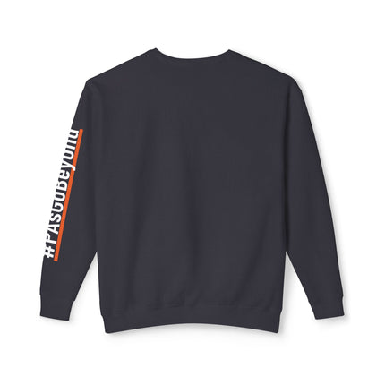 Back view of a black crewneck sweatshirt with a plain back and "#PAsGoBeyond" printed vertically down the left sleeve, next to an orange stripe.