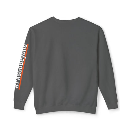 Back view of a grey crewneck sweatshirt with a plain back and "#PAsGoBeyond" printed vertically down the left sleeve, next to an orange stripe.