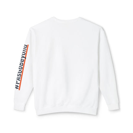 Back view of a white crewneck sweatshirt with a plain back and "#PAsGoBeyond" printed vertically down the left sleeve, next to an orange stripe.