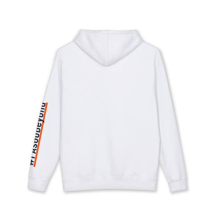 Back view of a white hoodie with a plain back and "#PAsGoBeyond" printed vertically down the left sleeve, next to an orange stripe.