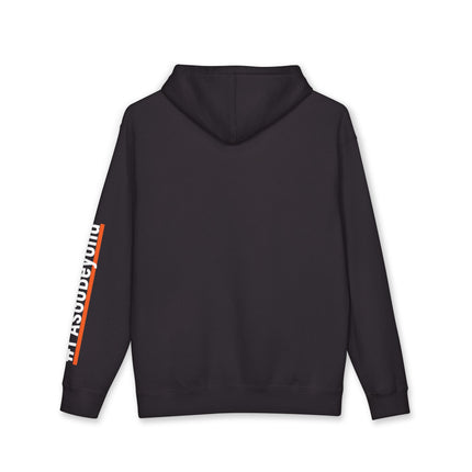 Back view of a black hoodie with a plain back and "#PAsGoBeyond" printed vertically down the left sleeve, underlined with orange stripe.