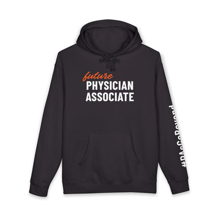 Black hoodie printed with "future" in orange script above "Physician Associate" in white text, with "#PAsGoBeyond" printed vertically down the sleeve.