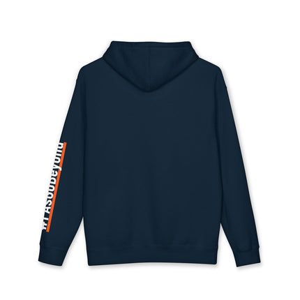 Back view of a navy hoodie with a plain back and "#PAsGoBeyond" printed vertically down the left sleeve, underlined with an orange stripe.