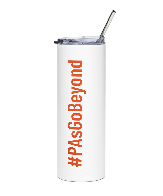 White stainless steel tumbler with a straw and lid, printed with "#PAsGoBeyond" in orange text.