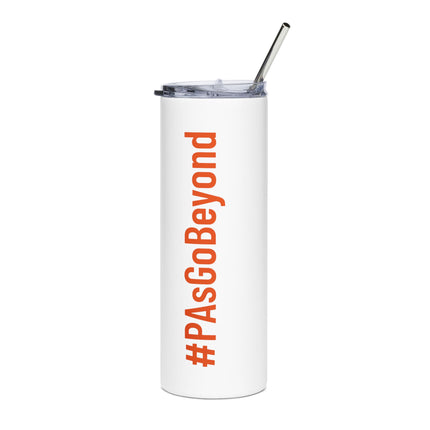 White stainless steel tumbler with a straw and lid, printed with "#PAsGoBeyond" in orange text.