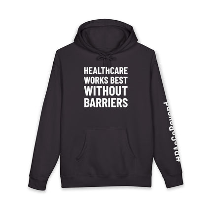 Black hoodie printed with "Healthcare works best without barriers" in white text and "#PAsGoBeyond" printed vertically down the sleeve.