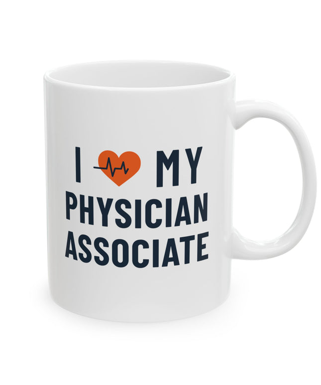 White ceramic mug printed with "I heart my Physician Associate" featuring an orange heart with a heartbeat line, and "Physician Associate" in navy text below.