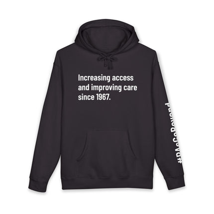 Black hoodie printed with "Increasing access and improving care since 1967" in white text and "#PAsGoBeyond" printed vertically down the sleeve.