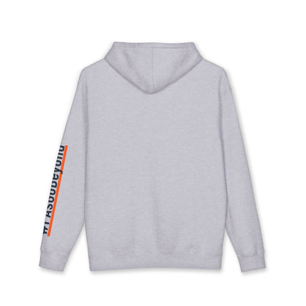 Back view of a grey hoodie with a plain back and "#PAsGoBeyond" printed vertically down the left sleeve, underlined with orange stripe.