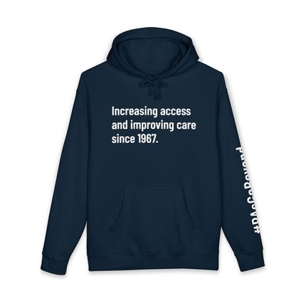 Navy hoodie printed with "Increasing access and improving care since 1967" in white text and "#PAsGoBeyond" printed vertically down the sleeve.