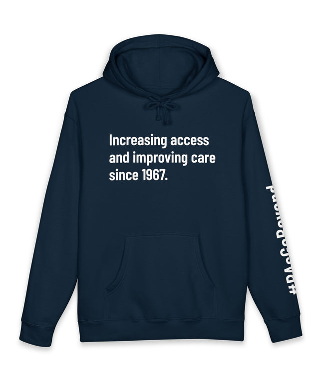 Navy hoodie printed with "Increasing access and improving care since 1967" in white text and "#PAsGoBeyond" printed vertically down the sleeve.