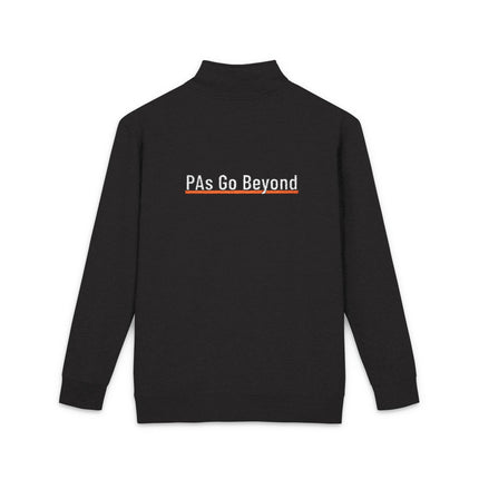 Back view of a black quarter-zip fleece pullover with "PAs Go Beyond" embroidered in white text, underlined in orange, across the upper back.