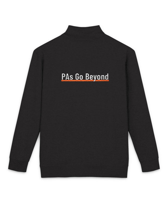 Back view of a black quarter-zip fleece pullover with "PAs Go Beyond" embroidered in white text, underlined in orange, across the upper back.
