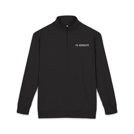 Black quarter-zip fleece pullover with "PA Advocate" embroidered in white text on the left chest.