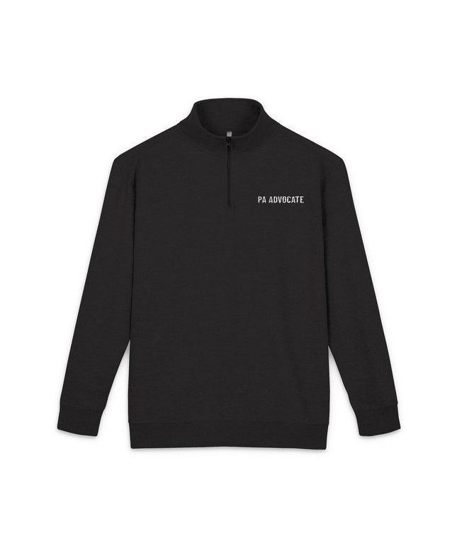 Black quarter-zip fleece pullover with "PA Advocate" embroidered in white text on the left chest.