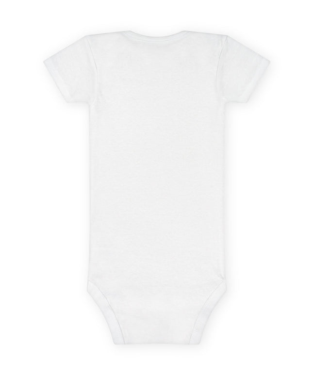 Back view of a plain white infant onesie with no print.