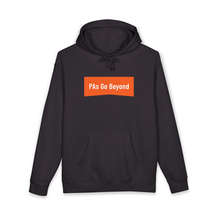 Black hoodie printed with "PAs Go Beyond" in white text on an orange banner graphic.