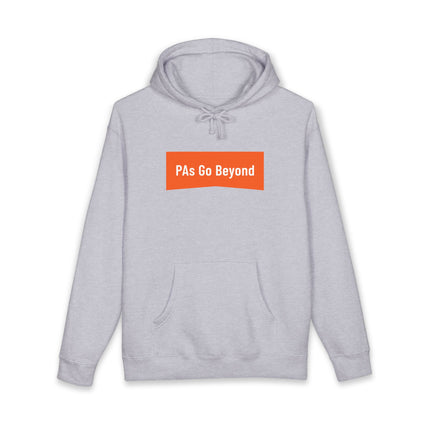 Grey hoodie printed with "PAs Go Beyond" in white text on an orange banner graphic.