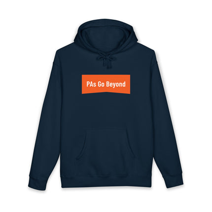 Navy hoodie printed with "PAs Go Beyond" in white text on an orange banner graphic.