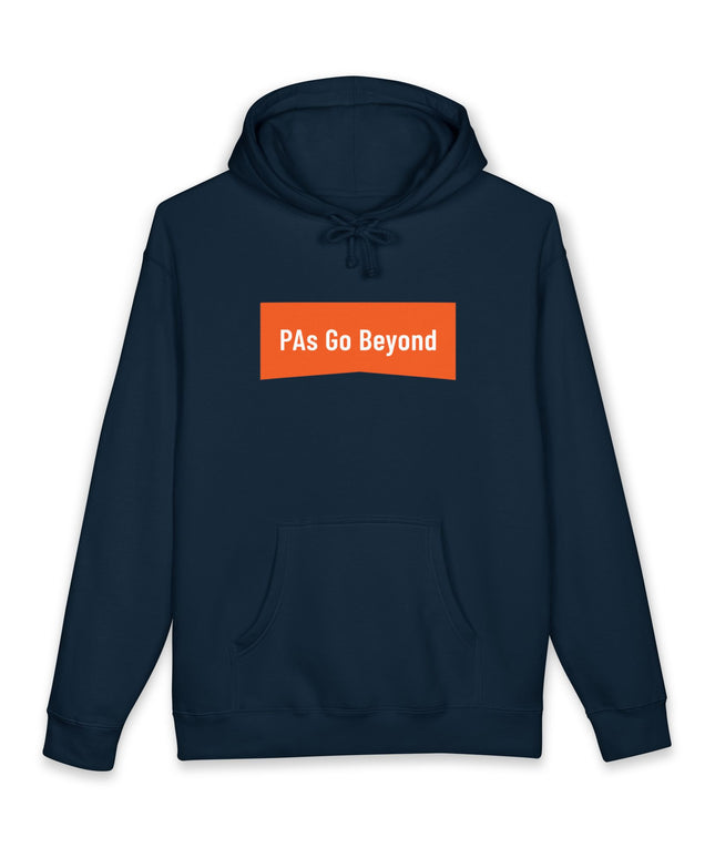Navy hoodie printed with "PAs Go Beyond" in white text on an orange banner graphic.