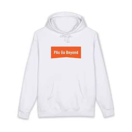 White hoodie printed with "PAs Go Beyond" in white text on an orange banner graphic.
