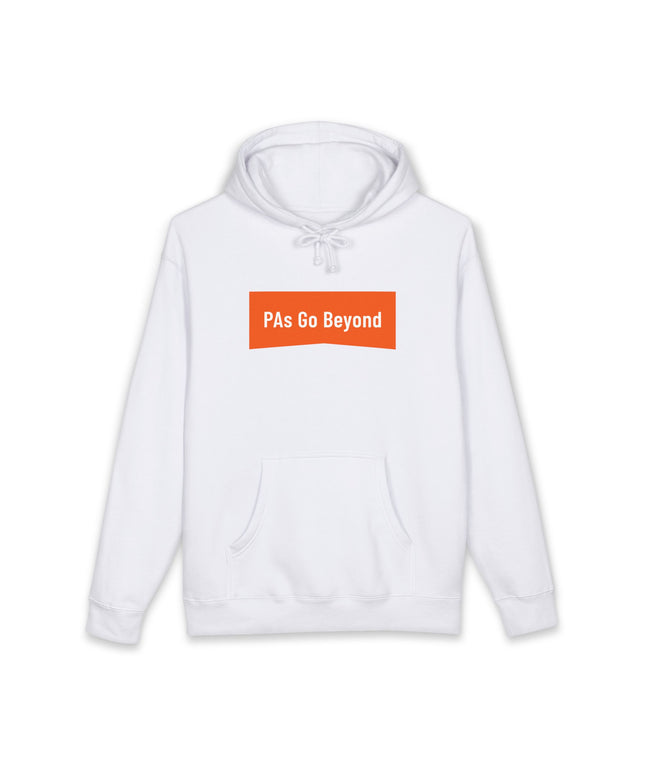 White hoodie printed with "PAs Go Beyond" in white text on an orange banner graphic.