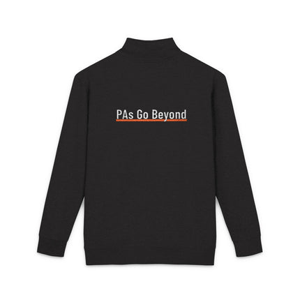 Back view of a black quarter-zip fleece pullover with "PAs Go Beyond" embroidered in white text, underlined in orange, across the upper back.
