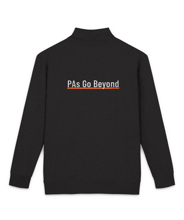 Back view of a black quarter-zip fleece pullover with "PAs Go Beyond" embroidered in white text, underlined in orange, across the upper back.