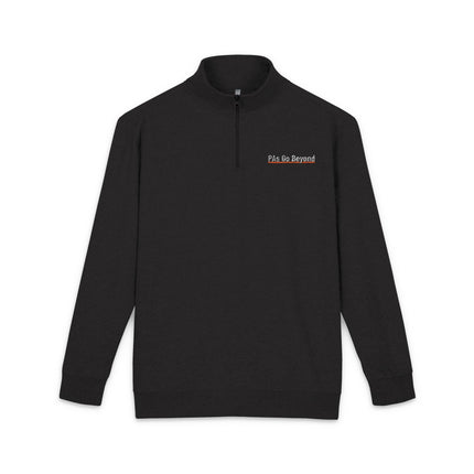 Black quarter-zip fleece pullover with "PAs Go Beyond" embroidered in white text on the left chest, underlined in orange.