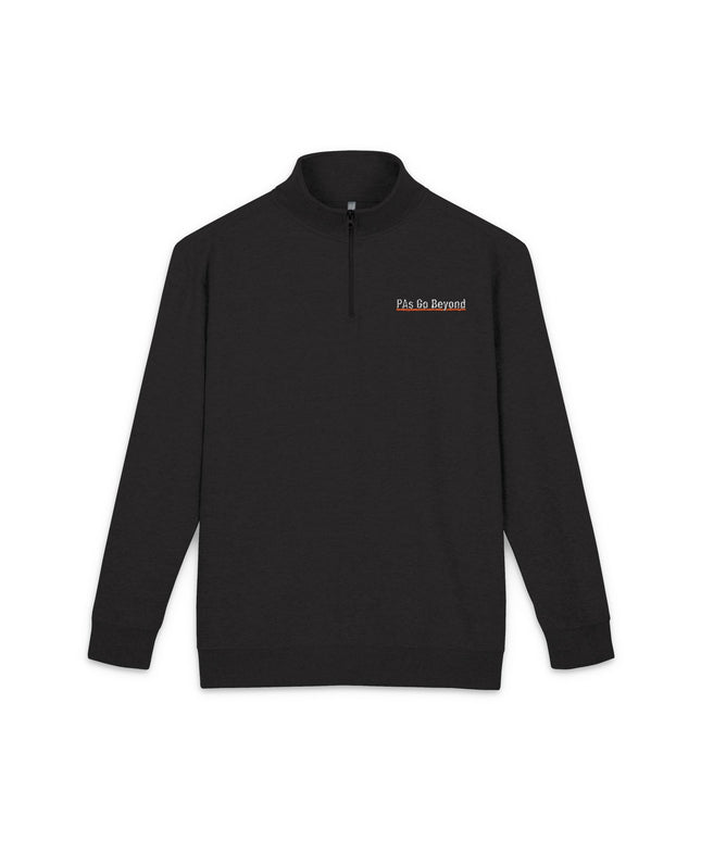 Black quarter-zip fleece pullover with "PAs Go Beyond" embroidered in white text on the left chest, underlined in orange.