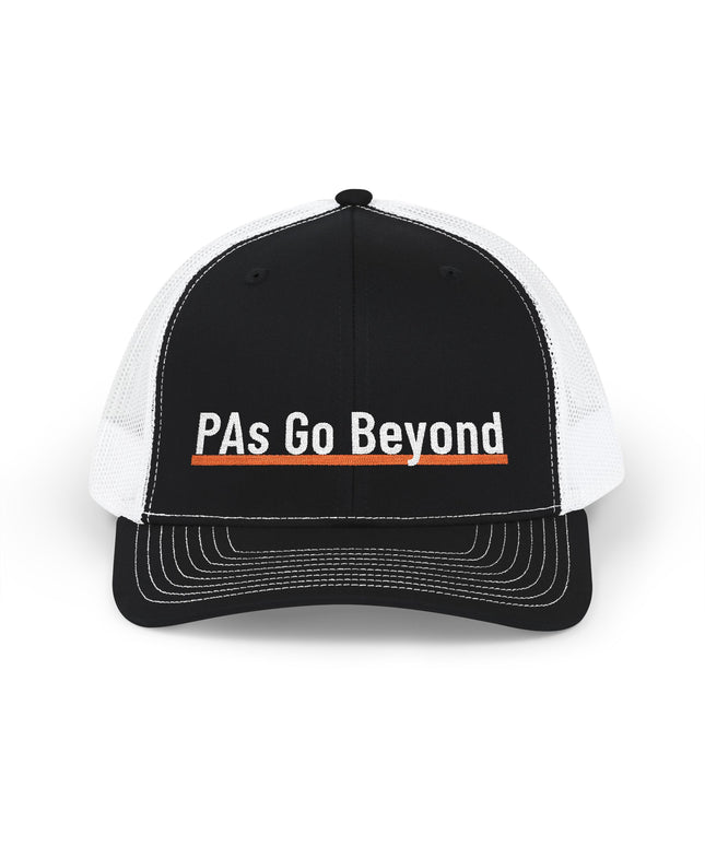 Black and white trucker hat embroidered with "PAs Go Beyond" in white text, underlined with an orange stripe.