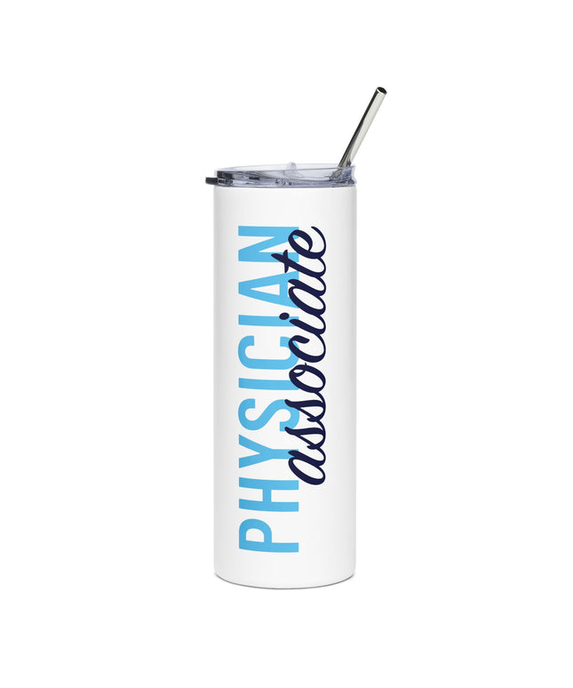 White stainless steel tumbler with a straw and lid, printed with "Physician" in light blue block letters running vertically, overlaid with "associate" in navy script.